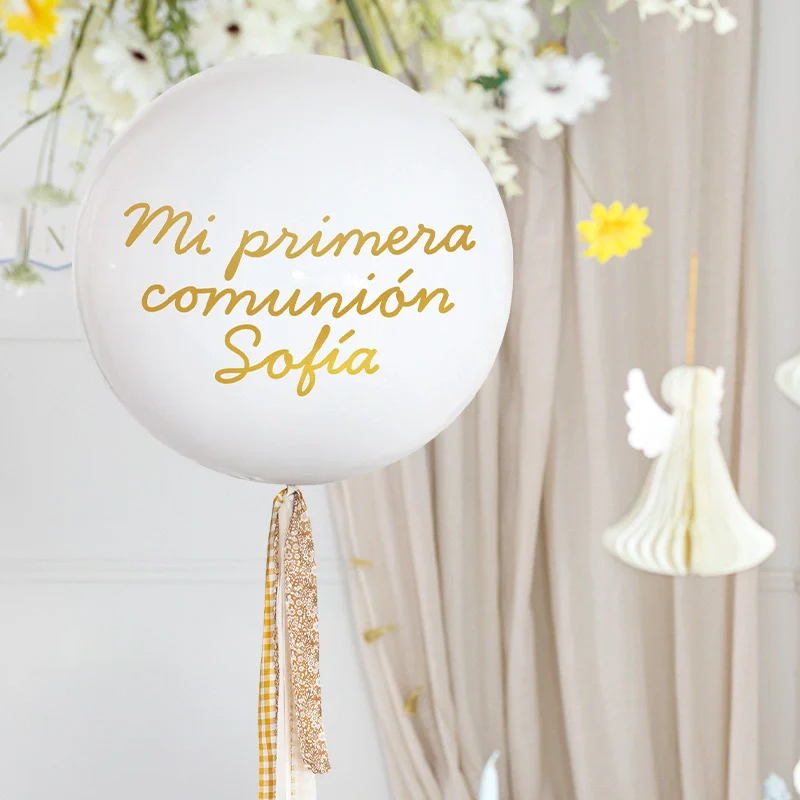 Globo Jumbo 60 cm Blanco Telas Vichy y Floral Ocre Personalizado Vinilo Oro Comunión