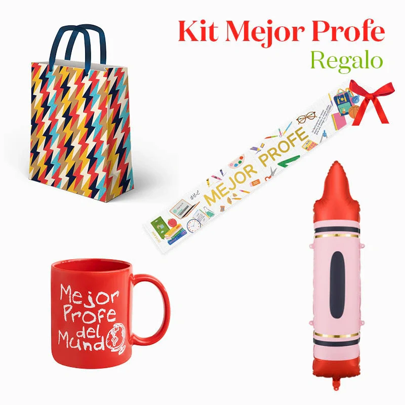 Kit Regalo Taza 'Mejor Profe del Mundo' Rojo 4 piezas