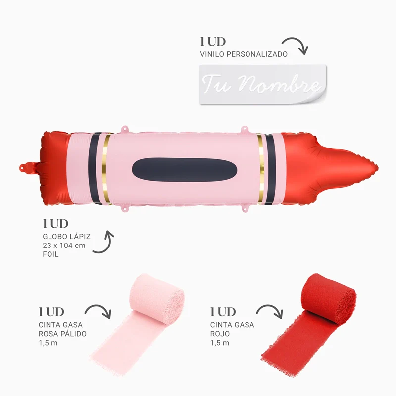 Globo Foil Lápiz Rojo con Telas Personalizado Nombre Vinilo Blanco - Imagen 3